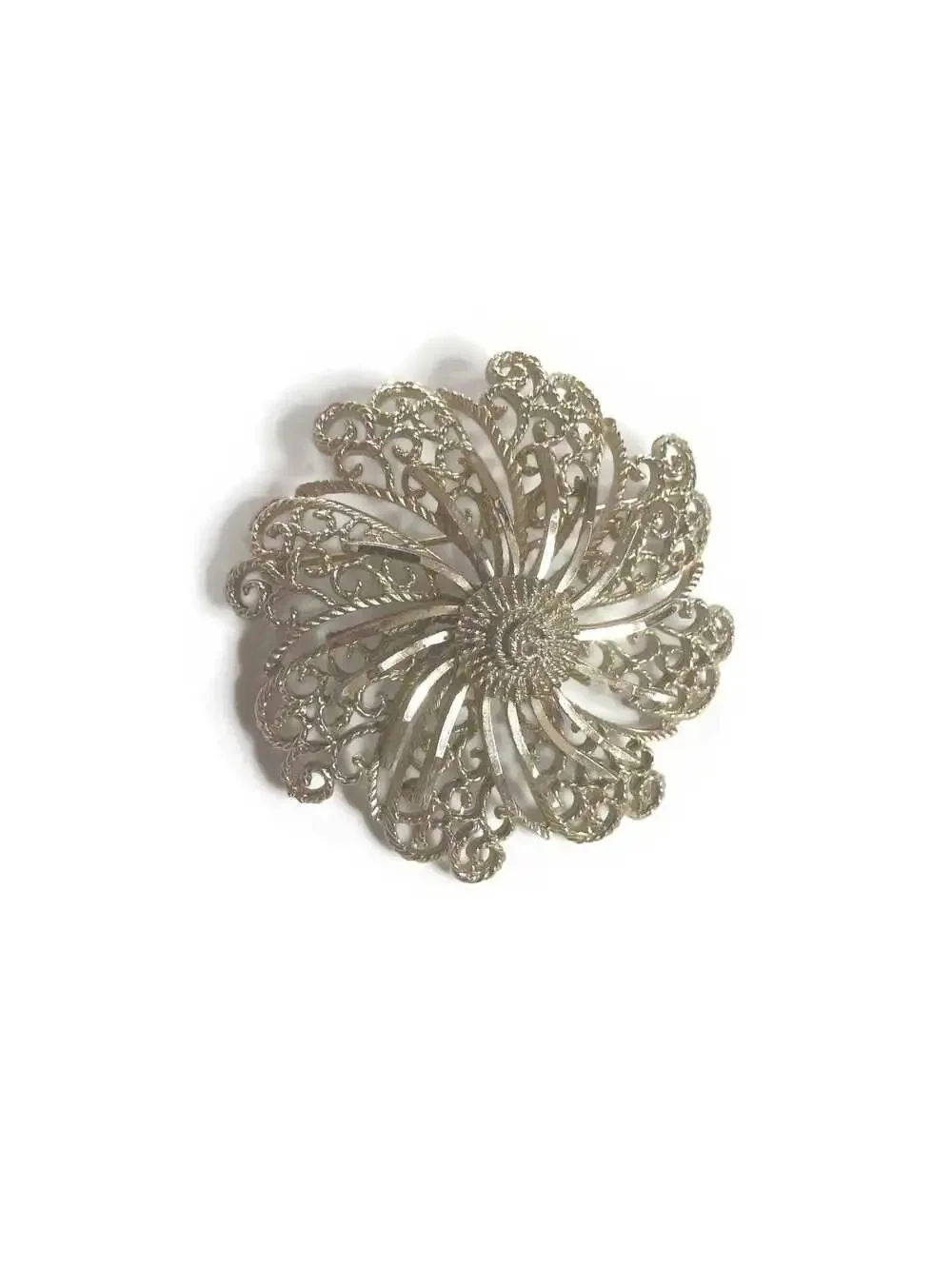 Vintage Silver Tone Flower Brooch, Openwork Floral Pin.
